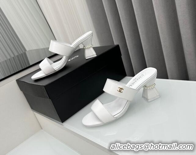 Grade Quality Chanel Lambskin Heel Slide Sandal 7cm with Pearls G45685 White 424143