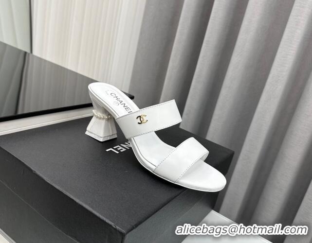 Grade Quality Chanel Lambskin Heel Slide Sandal 7cm with Pearls G45685 White 424143