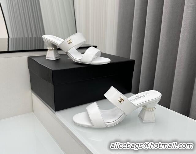 Grade Quality Chanel Lambskin Heel Slide Sandal 7cm with Pearls G45685 White 424143