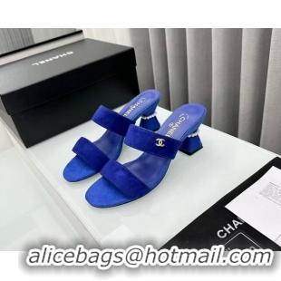 Stylish Chanel Suede Heel Slide Sandal 7cm with Pearls G45685 Blue 424144