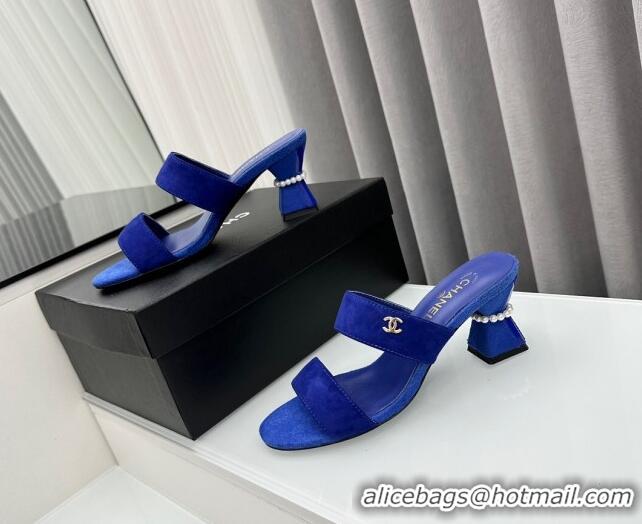 Stylish Chanel Suede Heel Slide Sandal 7cm with Pearls G45685 Blue 424144