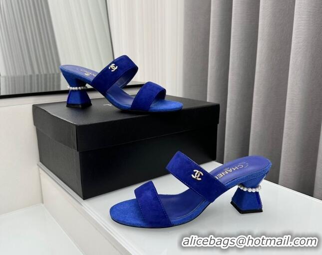 Stylish Chanel Suede Heel Slide Sandal 7cm with Pearls G45685 Blue 424144