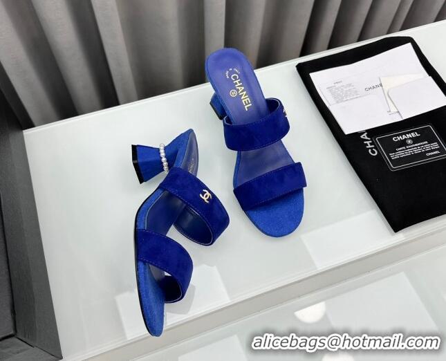 Stylish Chanel Suede Heel Slide Sandal 7cm with Pearls G45685 Blue 424144