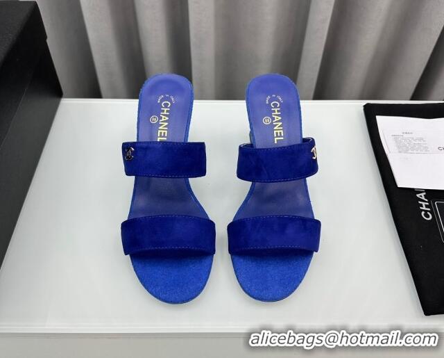 Stylish Chanel Suede Heel Slide Sandal 7cm with Pearls G45685 Blue 424144