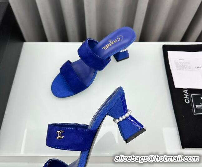 Stylish Chanel Suede Heel Slide Sandal 7cm with Pearls G45685 Blue 424144