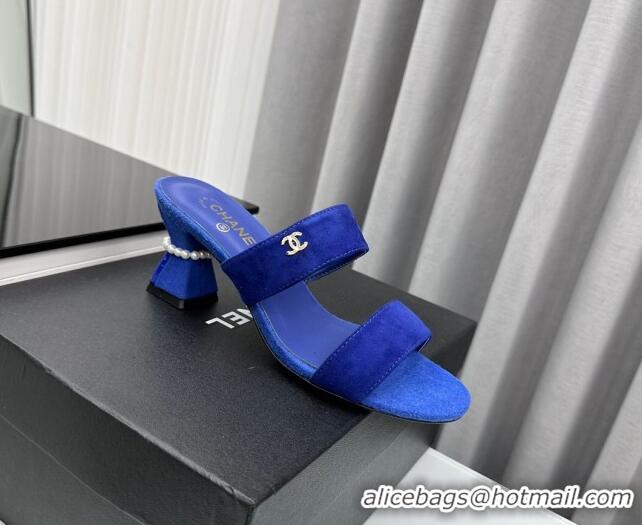 Stylish Chanel Suede Heel Slide Sandal 7cm with Pearls G45685 Blue 424144