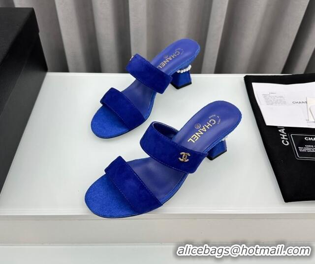 Stylish Chanel Suede Heel Slide Sandal 7cm with Pearls G45685 Blue 424144