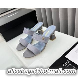 Perfect Chanel Suede Heel Slide Sandal 7cm with Pearls G45685 Grey 424145