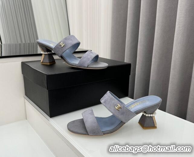 Perfect Chanel Suede Heel Slide Sandal 7cm with Pearls G45685 Grey 424145