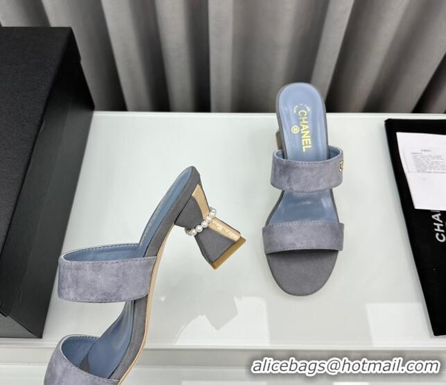 Perfect Chanel Suede Heel Slide Sandal 7cm with Pearls G45685 Grey 424145