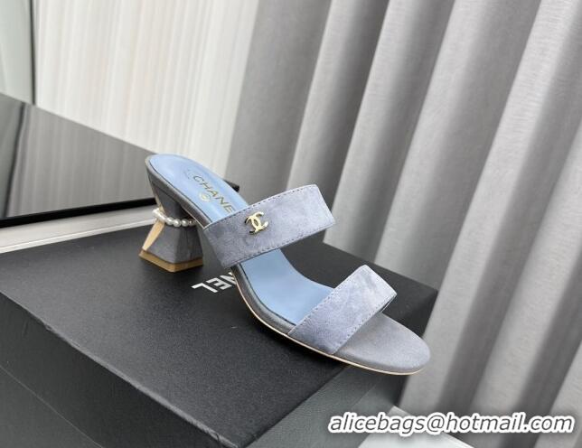 Perfect Chanel Suede Heel Slide Sandal 7cm with Pearls G45685 Grey 424145