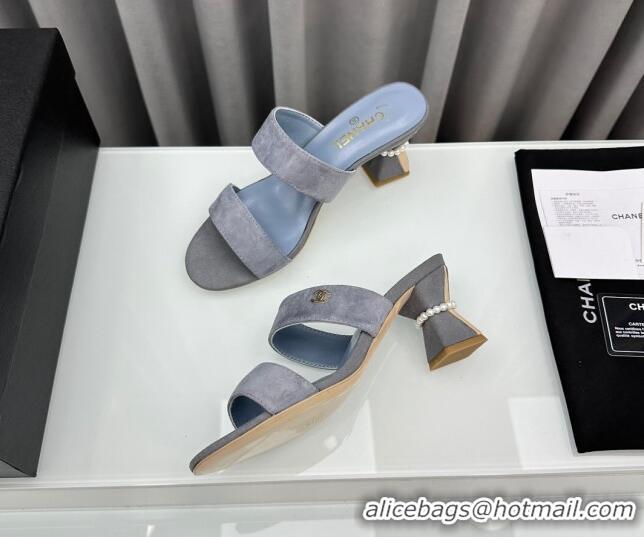 Perfect Chanel Suede Heel Slide Sandal 7cm with Pearls G45685 Grey 424145