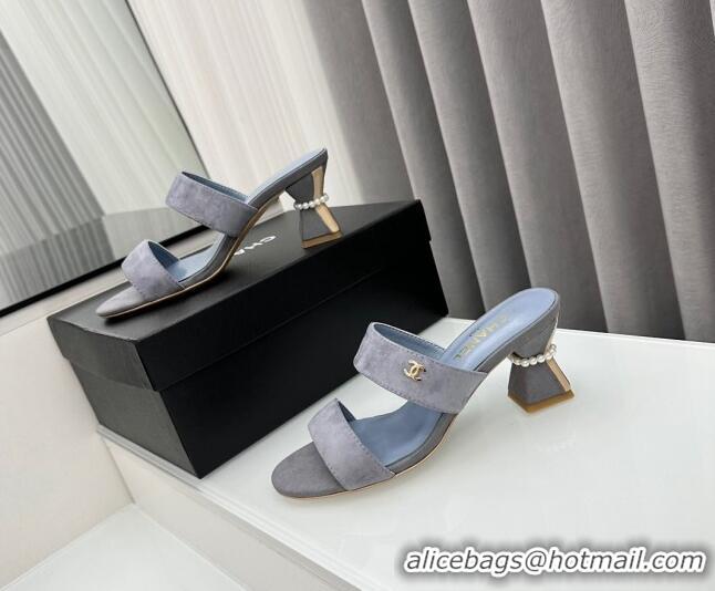 Perfect Chanel Suede Heel Slide Sandal 7cm with Pearls G45685 Grey 424145