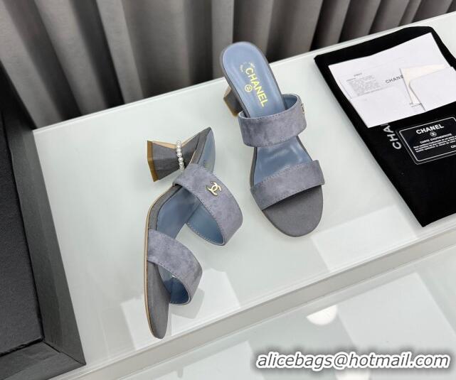 Perfect Chanel Suede Heel Slide Sandal 7cm with Pearls G45685 Grey 424145