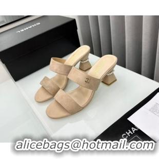 Sumptuous Chanel Suede Heel Slide Sandal 7cm with Pearls G45685 Beige 424146