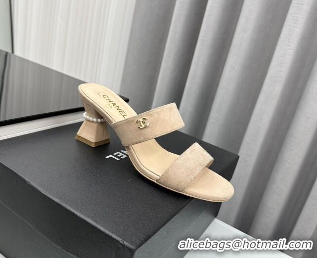 Sumptuous Chanel Suede Heel Slide Sandal 7cm with Pearls G45685 Beige 424146