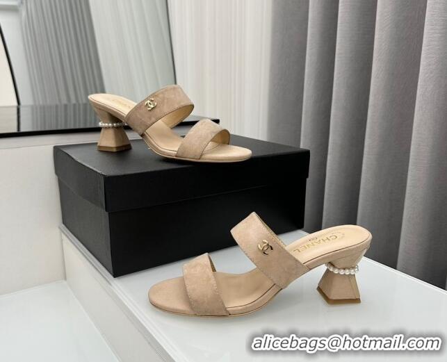 Sumptuous Chanel Suede Heel Slide Sandal 7cm with Pearls G45685 Beige 424146