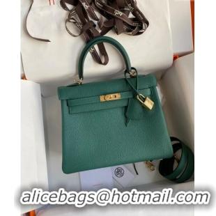 Market Sells Hermes Kelly 25/28cm Bag in Original Togo Leather K2528 Peacock Green/Gold 2024 (Half Handmade)