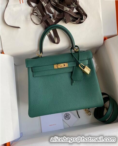 Market Sells Hermes Kelly 25/28cm Bag in Original Togo Leather K2528 Peacock Green/Gold 2024 (Half Handmade)