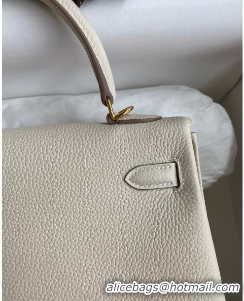 Grade Quality Hermes Kelly 25/28cm Bag in Original Togo Leather K2528 Milkshake white/Gold 2024 (Half Handmade)