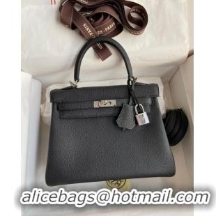 Top Design Hermes Kelly 25/28cm Bag in Original Togo Leather K2528 Black/Silver 2024 (Half Handmade)