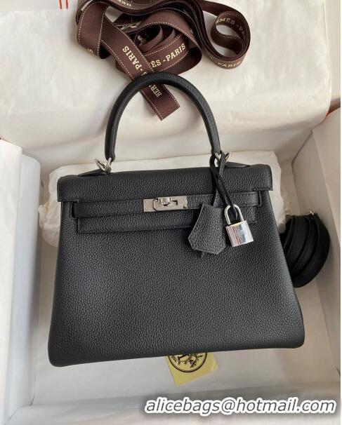 Top Design Hermes Kelly 25/28cm Bag in Original Togo Leather K2528 Black/Silver 2024 (Half Handmade)