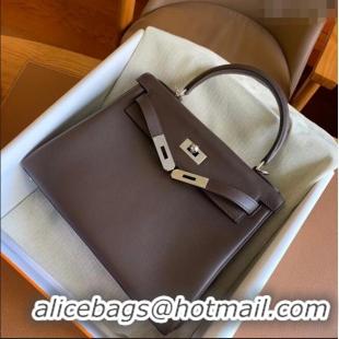 Buy Fashionable Hermes Kelly 25 Bag in Original Swift Leather K2528 Chocolate/Silver 2024 (Full Handmade)