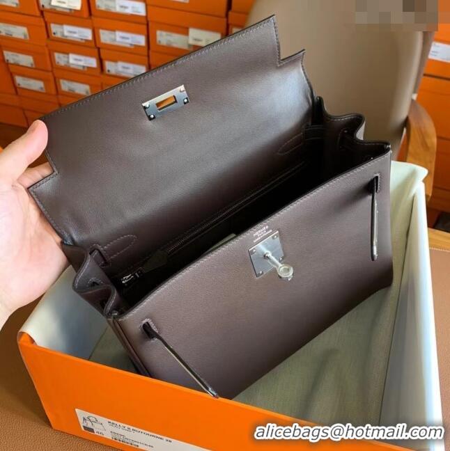 Buy Fashionable Hermes Kelly 25 Bag in Original Swift Leather K2528 Chocolate/Silver 2024 (Full Handmade)