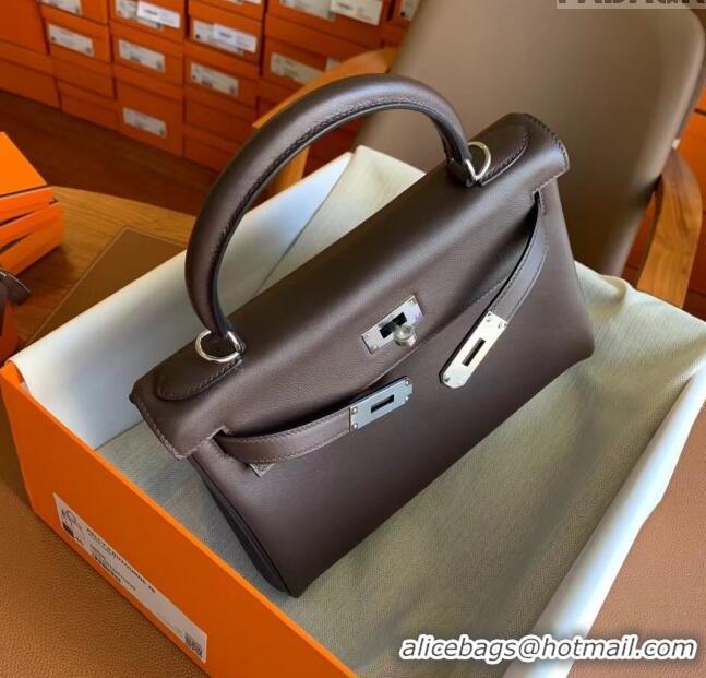 Buy Fashionable Hermes Kelly 25 Bag in Original Swift Leather K2528 Chocolate/Silver 2024 (Full Handmade)