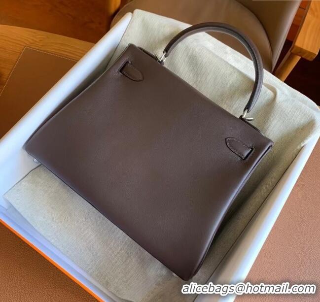 Buy Fashionable Hermes Kelly 25 Bag in Original Swift Leather K2528 Chocolate/Silver 2024 (Full Handmade)