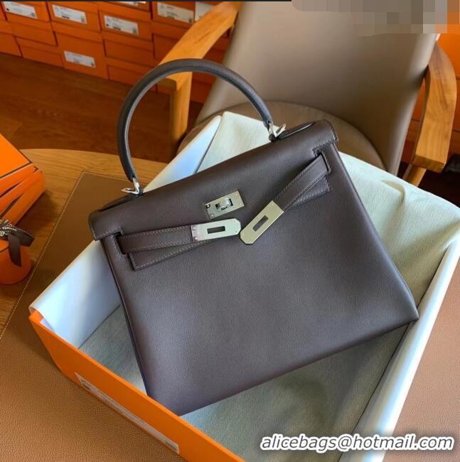 Buy Fashionable Hermes Kelly 25 Bag in Original Swift Leather K2528 Chocolate/Silver 2024 (Full Handmade)