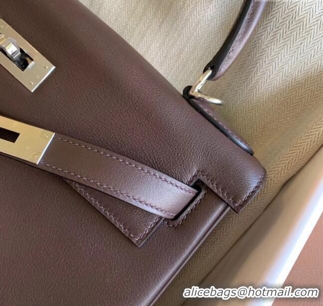 Buy Fashionable Hermes Kelly 25 Bag in Original Swift Leather K2528 Chocolate/Silver 2024 (Full Handmade)