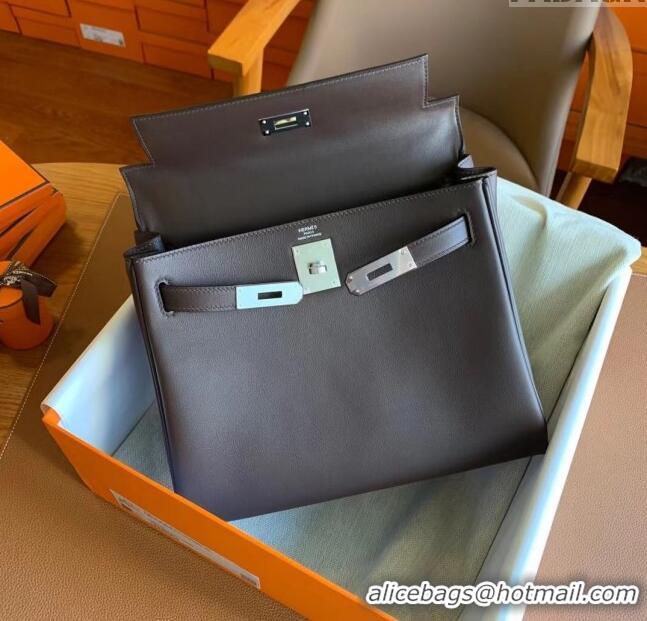 Buy Fashionable Hermes Kelly 25 Bag in Original Swift Leather K2528 Chocolate/Silver 2024 (Full Handmade)