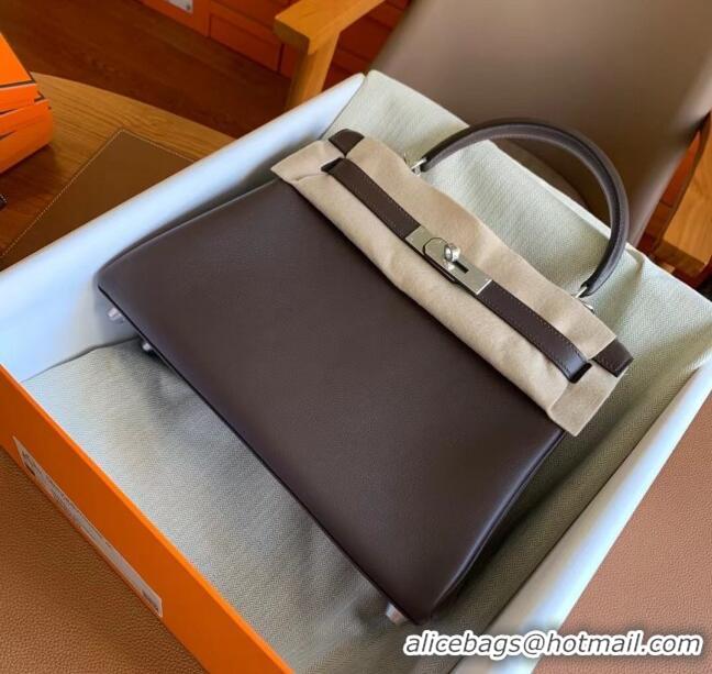 Buy Fashionable Hermes Kelly 25 Bag in Original Swift Leather K2528 Chocolate/Silver 2024 (Full Handmade)