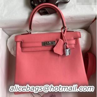 Best Grade Hermes Kelly 25/28 Bag in Original Swift Leather Summer K2528 Pink/Silver 2024 (Full Handmade)