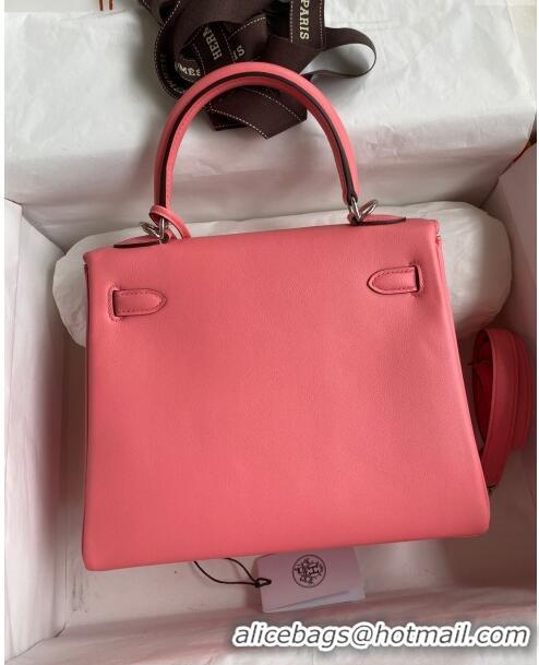 Best Grade Hermes Kelly 25/28 Bag in Original Swift Leather Summer K2528 Pink/Silver 2024 (Full Handmade)