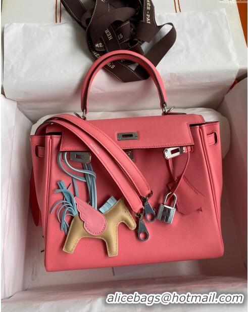 Best Grade Hermes Kelly 25/28 Bag in Original Swift Leather Summer K2528 Pink/Silver 2024 (Full Handmade)