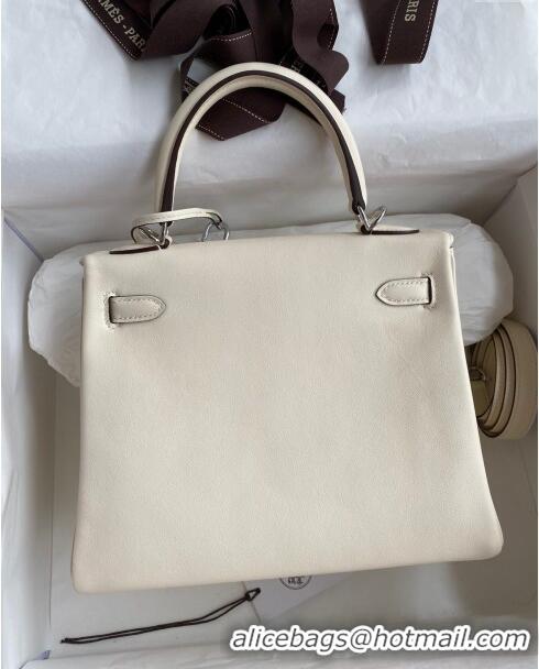 Top Design Hermes Kelly 25/28 Bag in Original Swift Leather Cream K2528 White/Silver 2024 (Full Handmade)