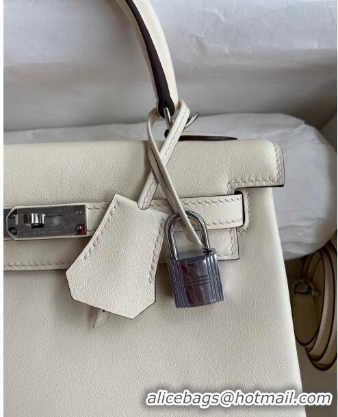 Top Design Hermes Kelly 25/28 Bag in Original Swift Leather Cream K2528 White/Silver 2024 (Full Handmade)