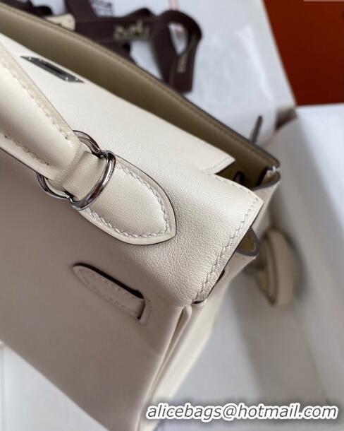 Top Design Hermes Kelly 25/28 Bag in Original Swift Leather Cream K2528 White/Silver 2024 (Full Handmade)