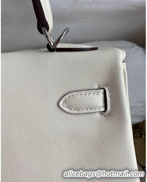 Top Design Hermes Kelly 25/28 Bag in Original Swift Leather Cream K2528 White/Silver 2024 (Full Handmade)