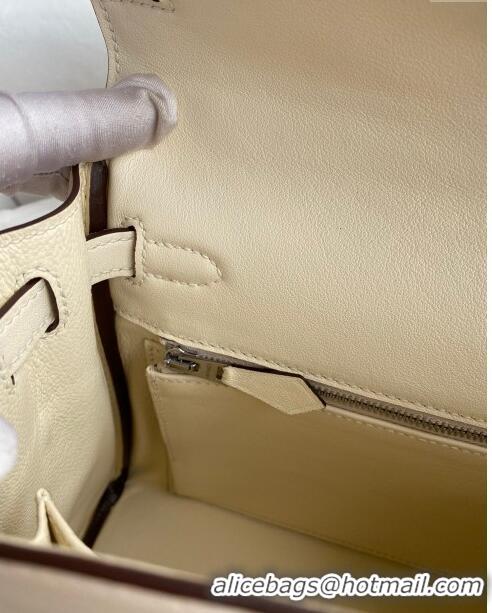 Top Design Hermes Kelly 25/28 Bag in Original Swift Leather Cream K2528 White/Silver 2024 (Full Handmade)