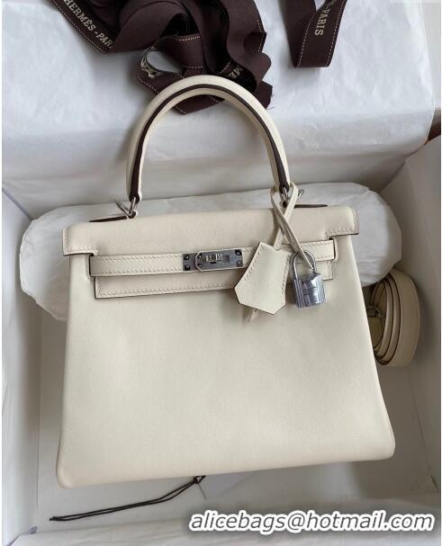 Top Design Hermes Kelly 25/28 Bag in Original Swift Leather Cream K2528 White/Silver 2024 (Full Handmade)