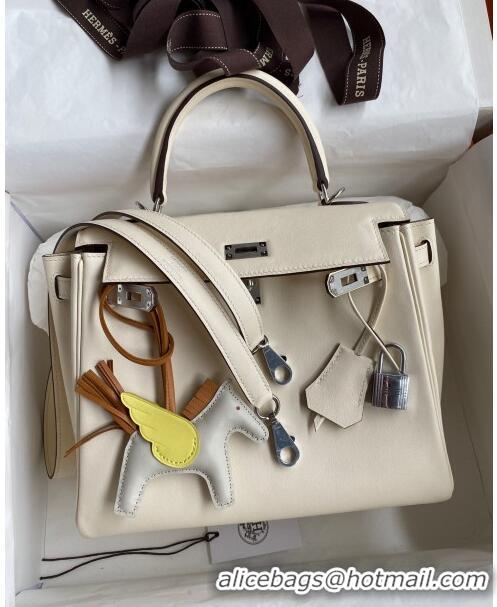 Top Design Hermes Kelly 25/28 Bag in Original Swift Leather Cream K2528 White/Silver 2024 (Full Handmade)