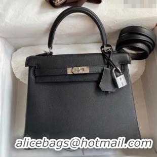 New Cheap Hermes Kelly 25/28 Bag in Original Swift Leather K2528 Black/Silver 2024 (Full Handmade)