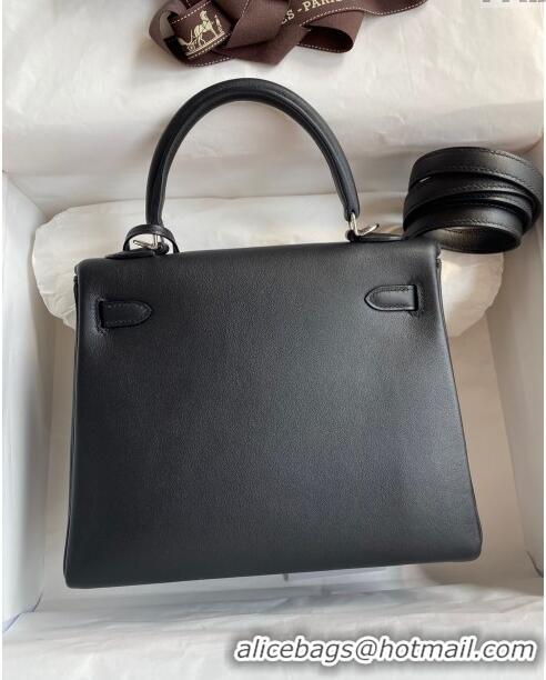 New Cheap Hermes Kelly 25/28 Bag in Original Swift Leather K2528 Black/Silver 2024 (Full Handmade)