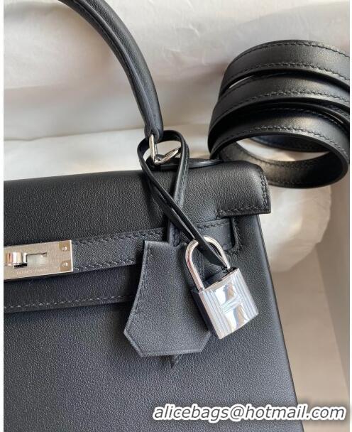 New Cheap Hermes Kelly 25/28 Bag in Original Swift Leather K2528 Black/Silver 2024 (Full Handmade)