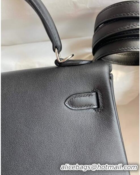 New Cheap Hermes Kelly 25/28 Bag in Original Swift Leather K2528 Black/Silver 2024 (Full Handmade)