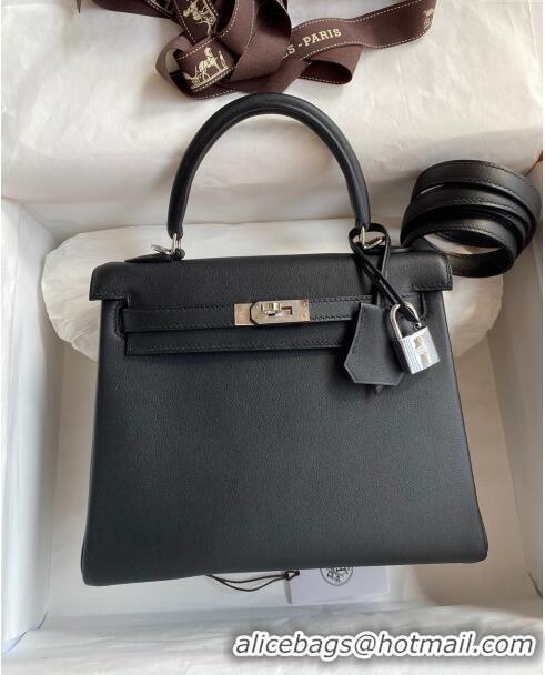 New Cheap Hermes Kelly 25/28 Bag in Original Swift Leather K2528 Black/Silver 2024 (Full Handmade)