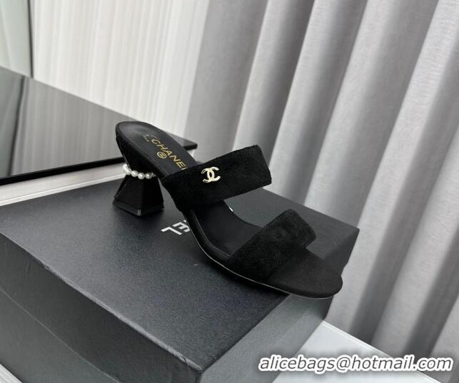 Pretty Style Chanel Suede Heel Slide Sandal 7cm with Pearls G45685 Black 424147